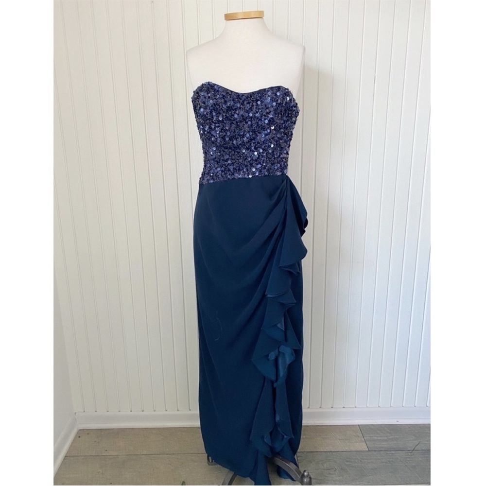 Badgley Mischka Navy Blue Strapless Sequins Ruffle Long Gown Dress Size 10